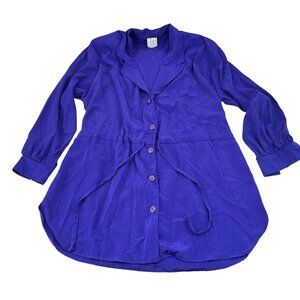 Eva Vintage Women's Button-Up Blouse W/ Waist Tie 100% Polyester Size Large blue